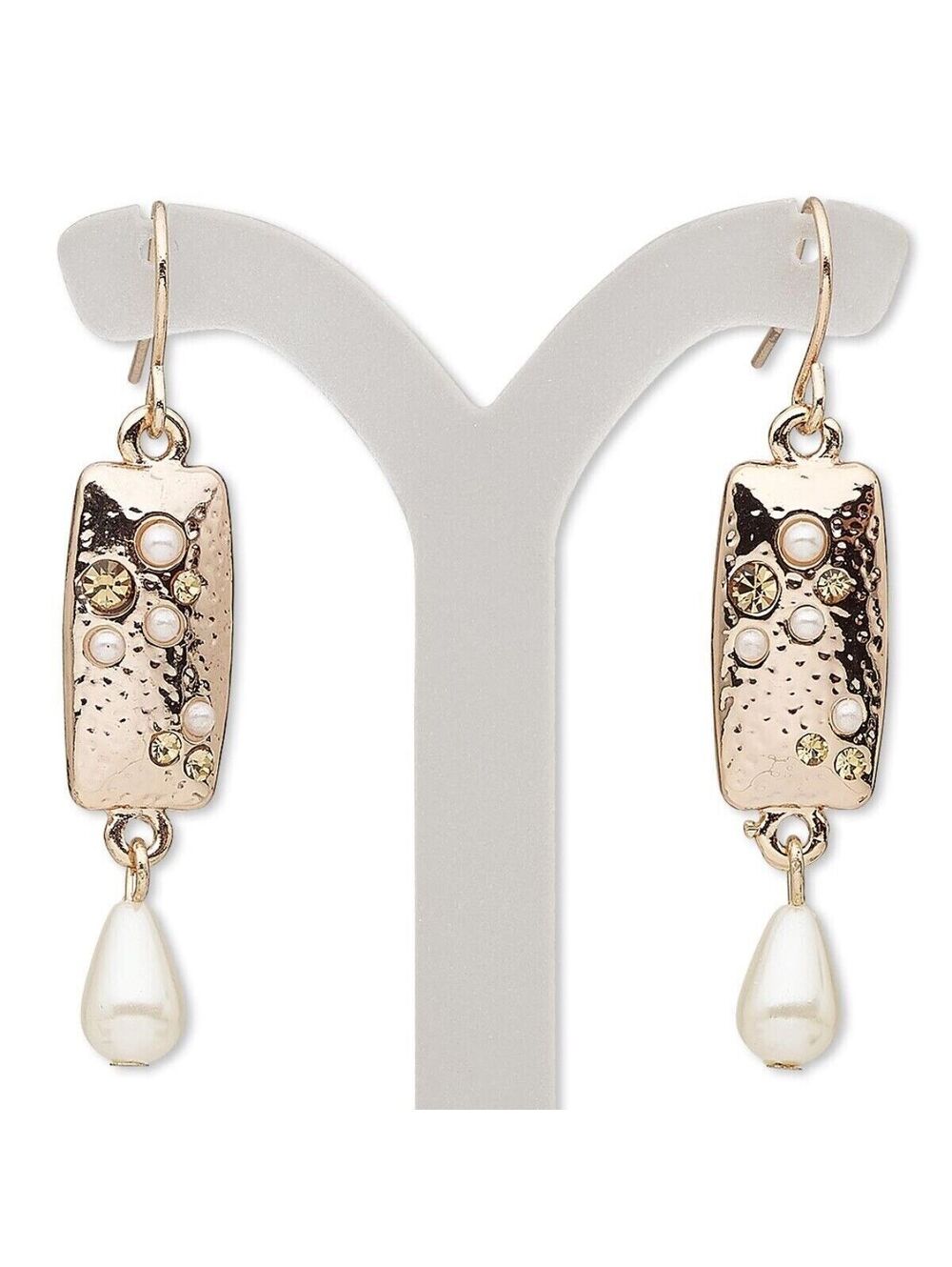 Rose Gold Tone White Topaz Color Crystal Rectangle Dangle Earrings
